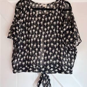 Anthropologie Meadow Rue Blouse Bird Print Sheer Tie Front Size M